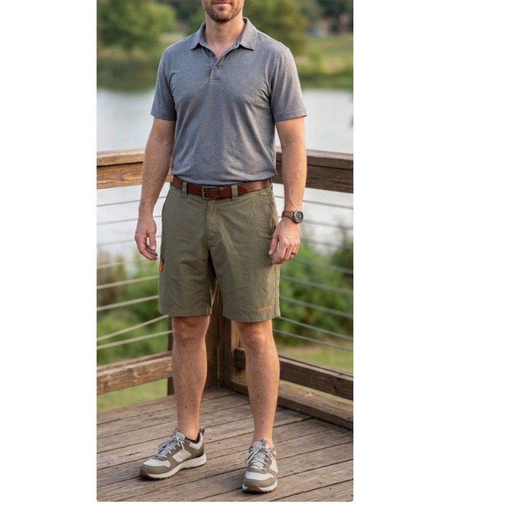 Orvis Men Medium Stretch Hiking Shorts Olive Green Cargo Zipper Pocket Fish Gorp